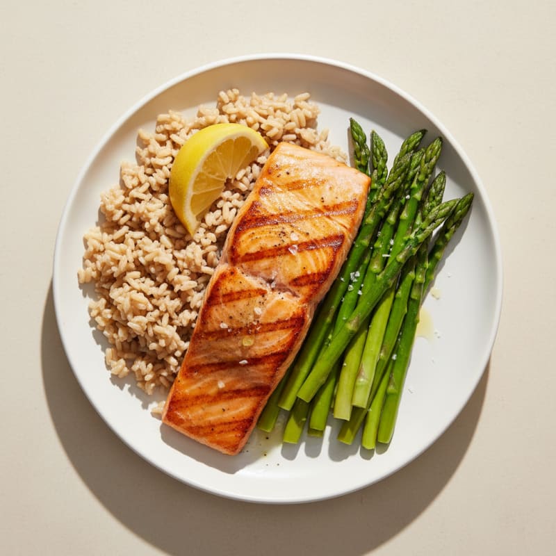 Seared Salmon with Steamed Asparagus and Brown Rice