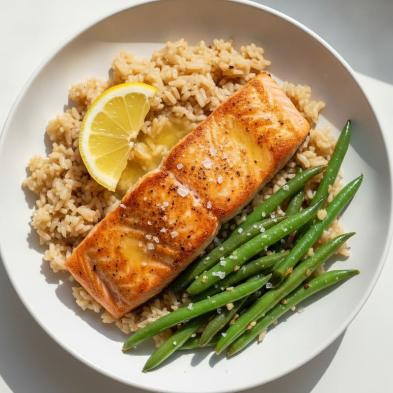 Seared Salmon Fillet with Garlic Green Beans and Brown Rice