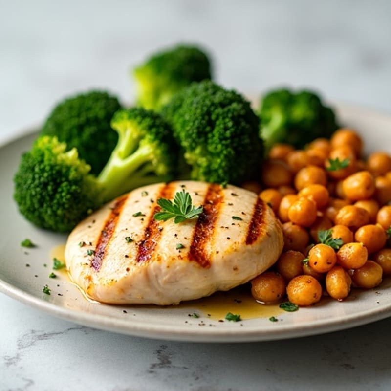 Garlic-Lemon Grilled Chicken Breast with Steamed Broccoli and Roasted Chickpeas