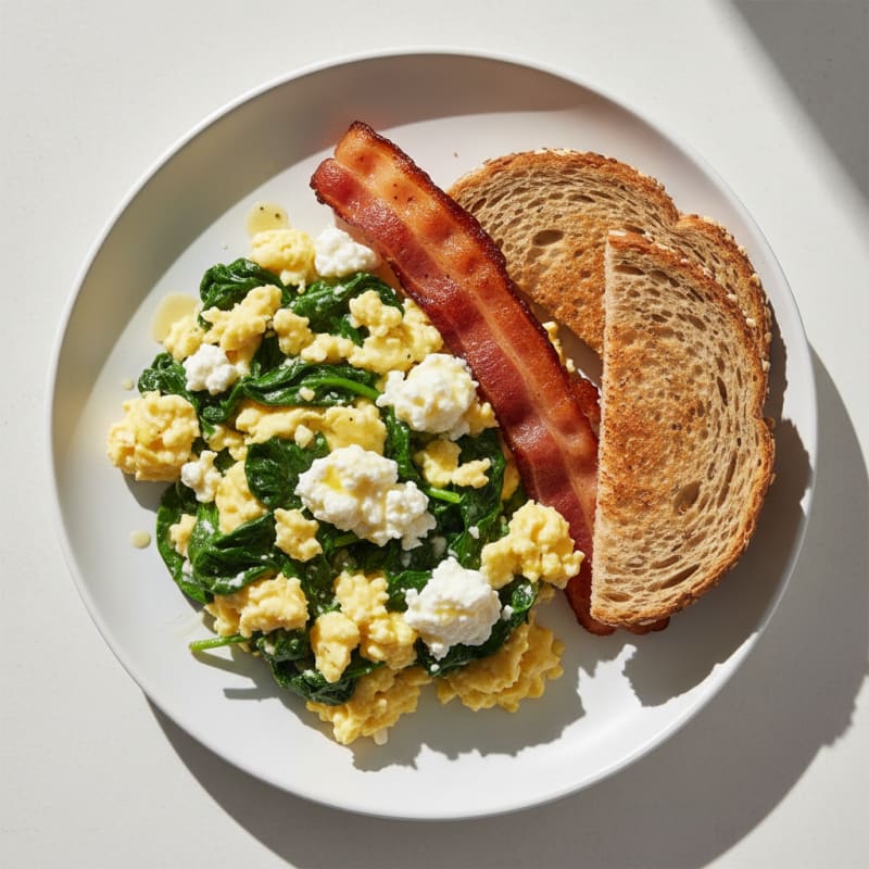 Cottage Cheese Egg Scramble with Spinach and Turkey Bacon