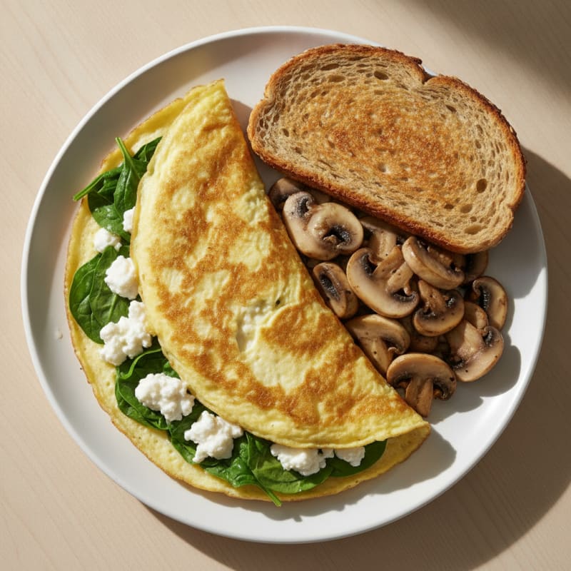 Egg White Spinach Omelet with Cottage Cheese and Sautéed Mushrooms