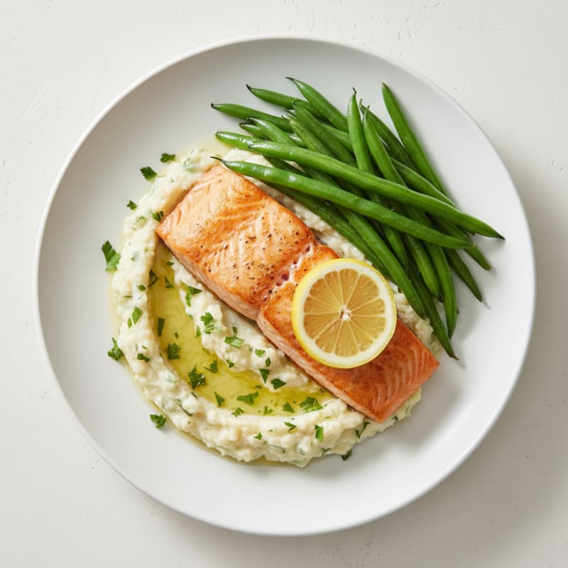 Seared Salmon Fillet with Steamed Green Beans and Herb-Cauliflower Mash