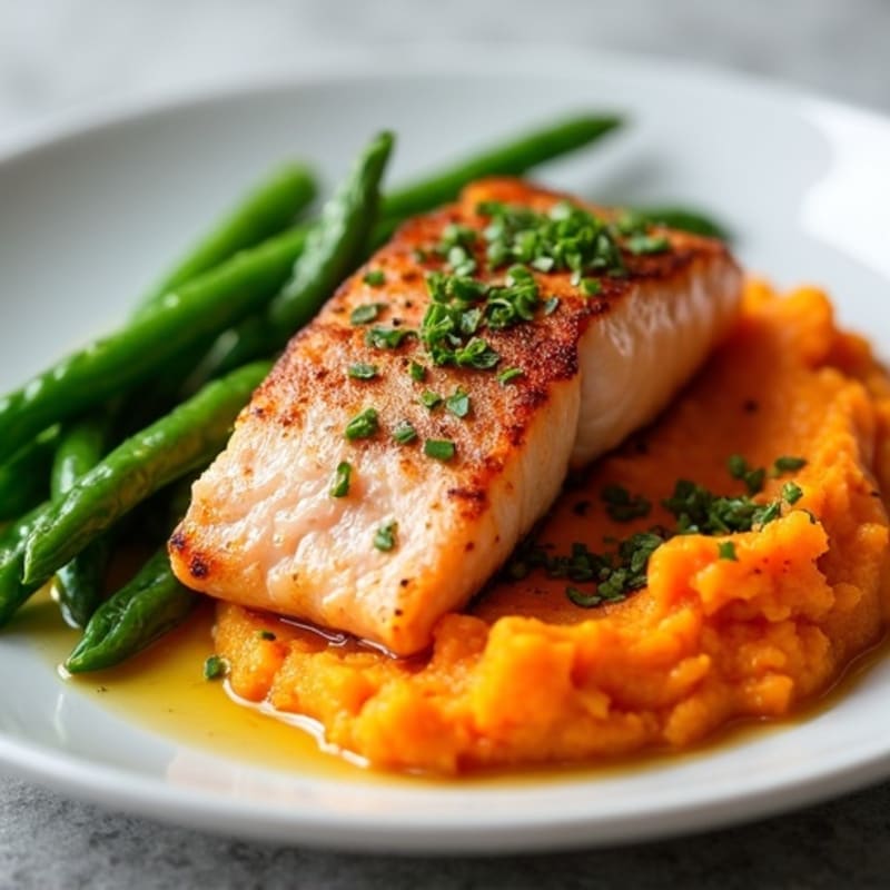 Seared Salmon with Steamed Green Beans and Sweet Potato Mash
