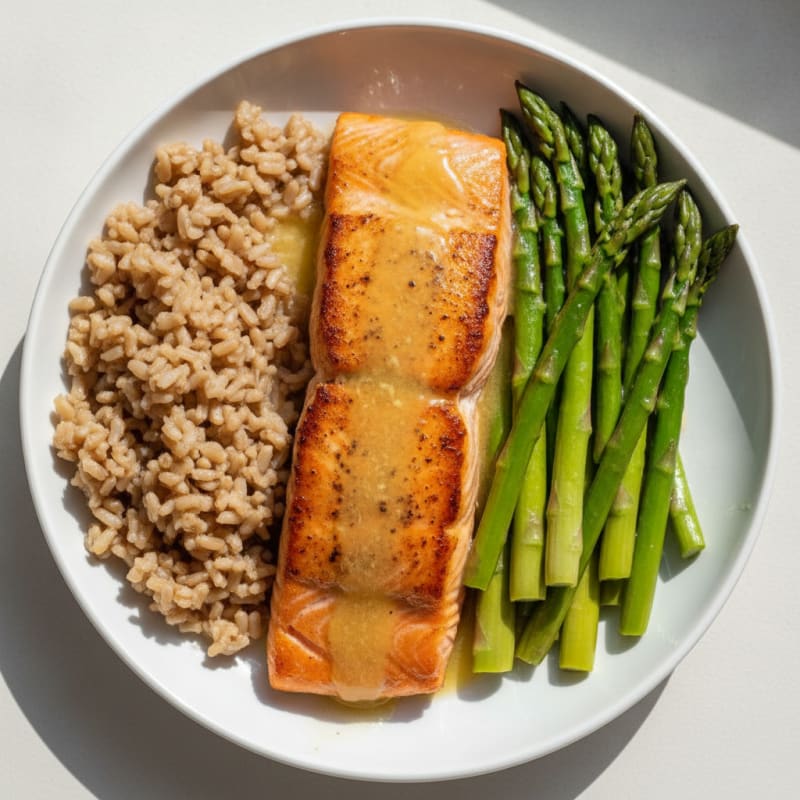 Seared Salmon with Steamed Asparagus and Brown Rice