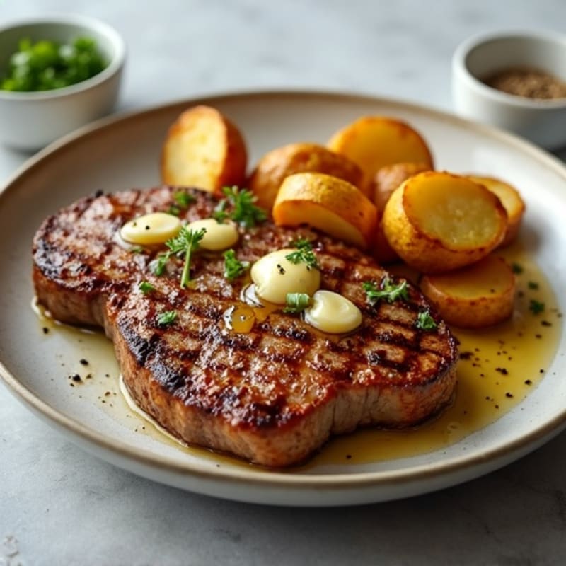 Crispy Garlic Butter Steak with Roasted Potatoes