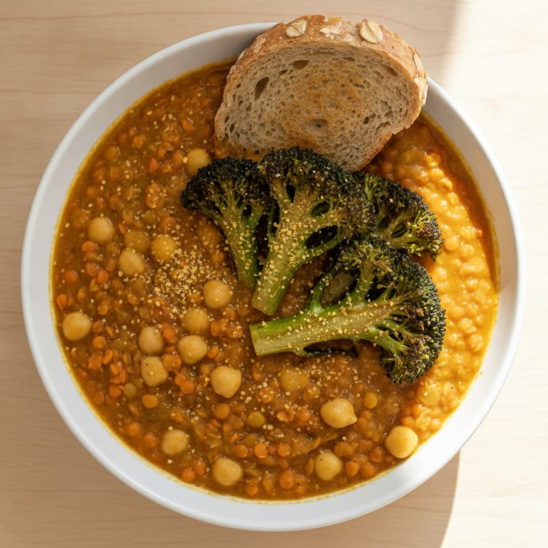 Lentil and Chickpea Stew with Roasted Broccoli