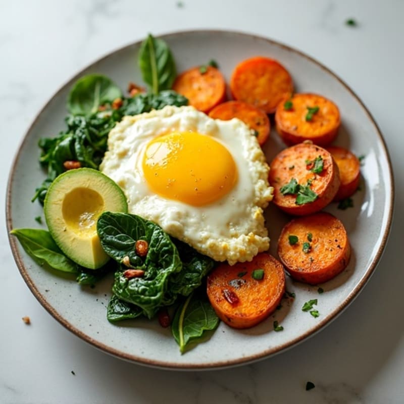 Egg White and Cottage Cheese Scramble with Spinach and Roasted Sweet Potatoes