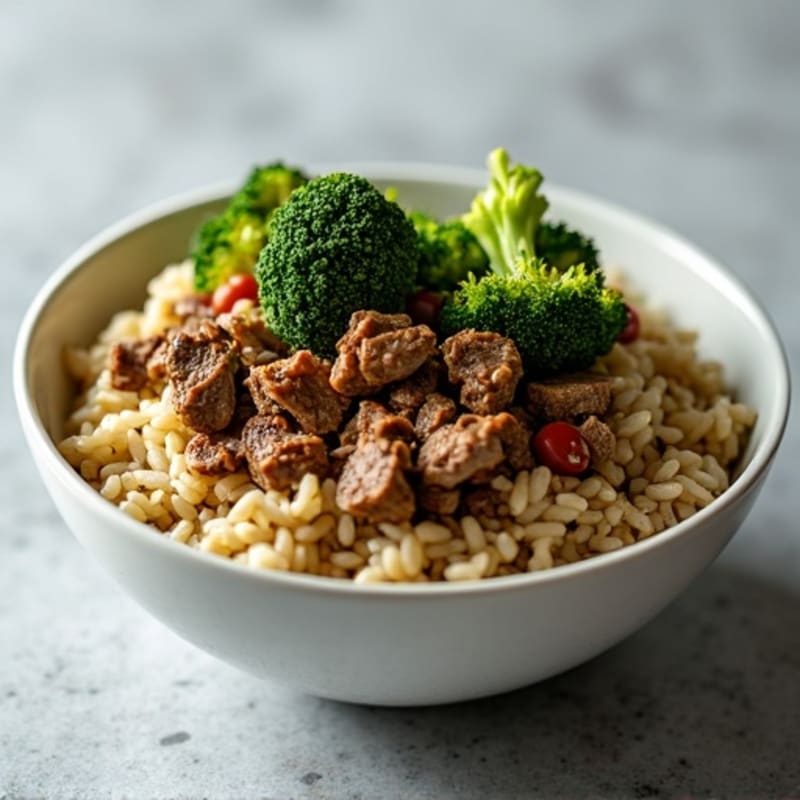 Lean Garlic Beef and Crispy Broccoli Rice Bowl
