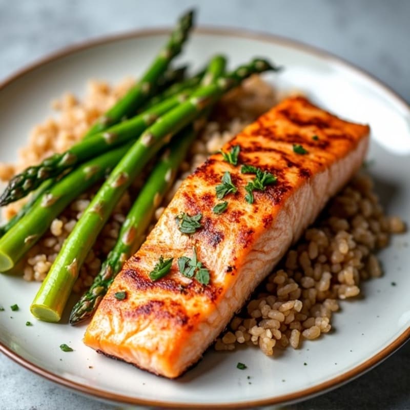 Seared Salmon Fillet with Steamed Asparagus and Brown Rice