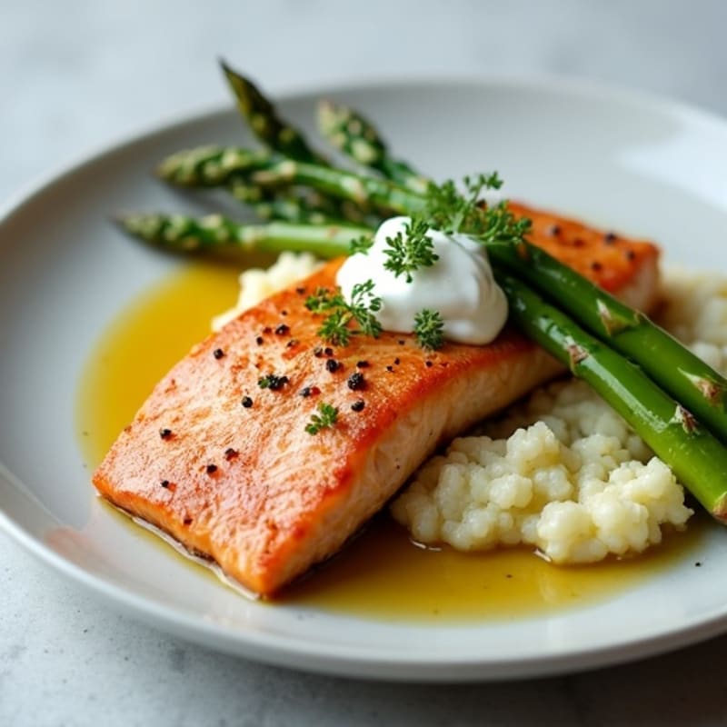 Seared Salmon with Steamed Asparagus and Cauliflower Mash