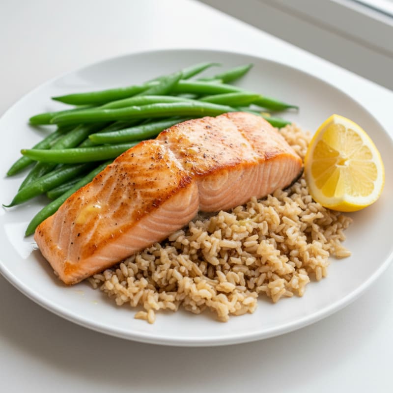 Seared Salmon with Steamed Green Beans and Brown Rice