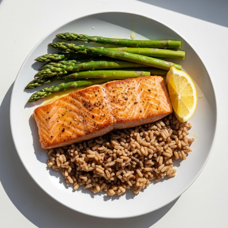 Seared Salmon with Steamed Asparagus and Brown Rice