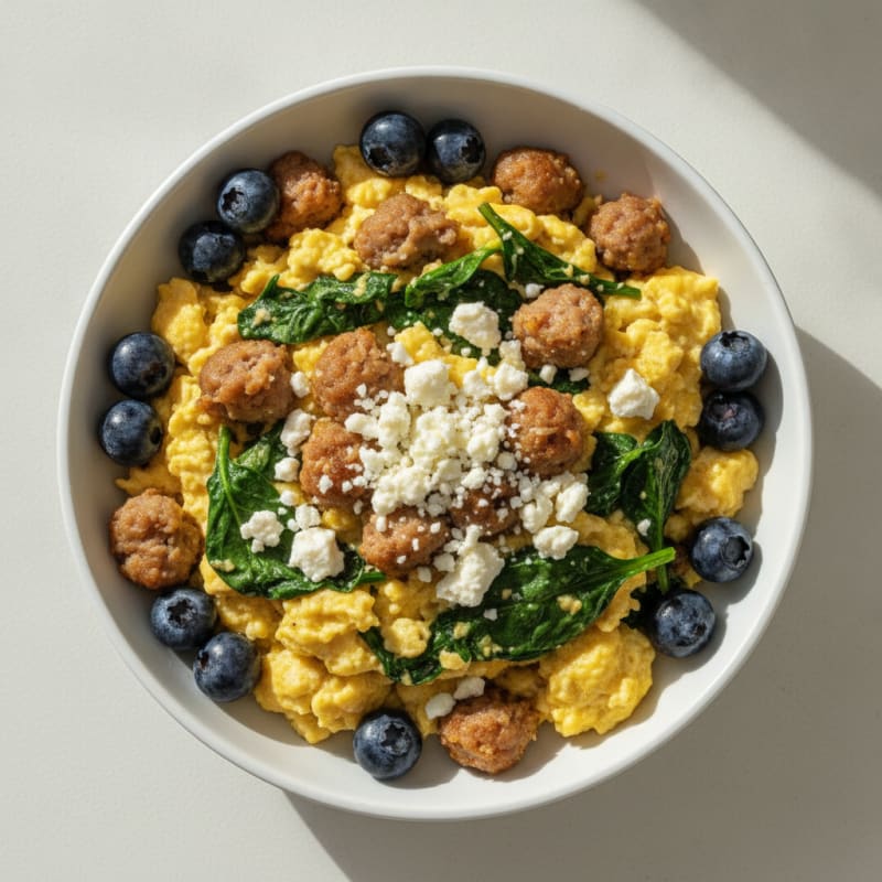 Scrambled Eggs with Turkey Sausage and Spinach