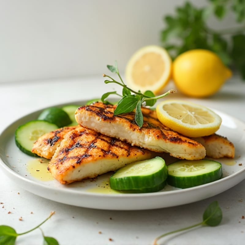 Grilled Chicken Breast Strips with Sliced Cucumbers