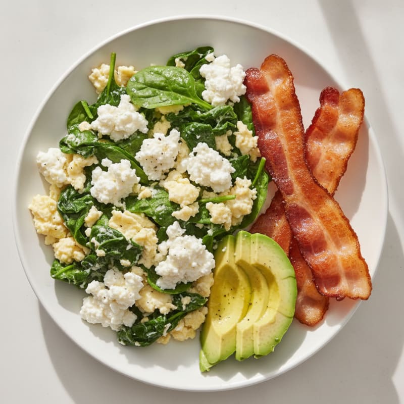 Egg White and Spinach Scramble with Cottage Cheese and Turkey Bacon