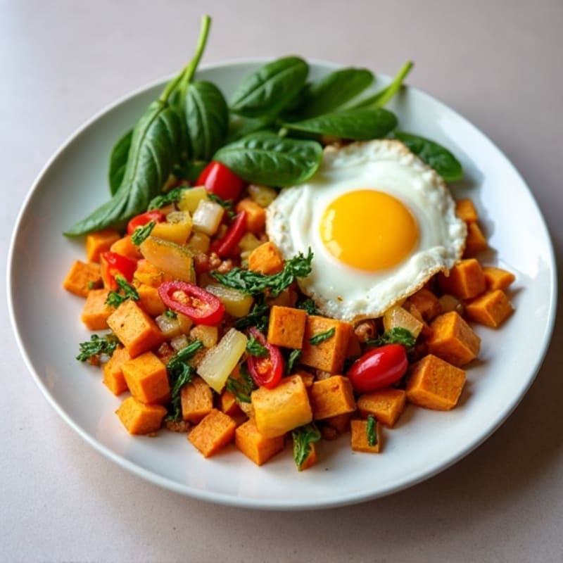 Egg and Veggie Scramble with Crispy Sweet Potato Hash