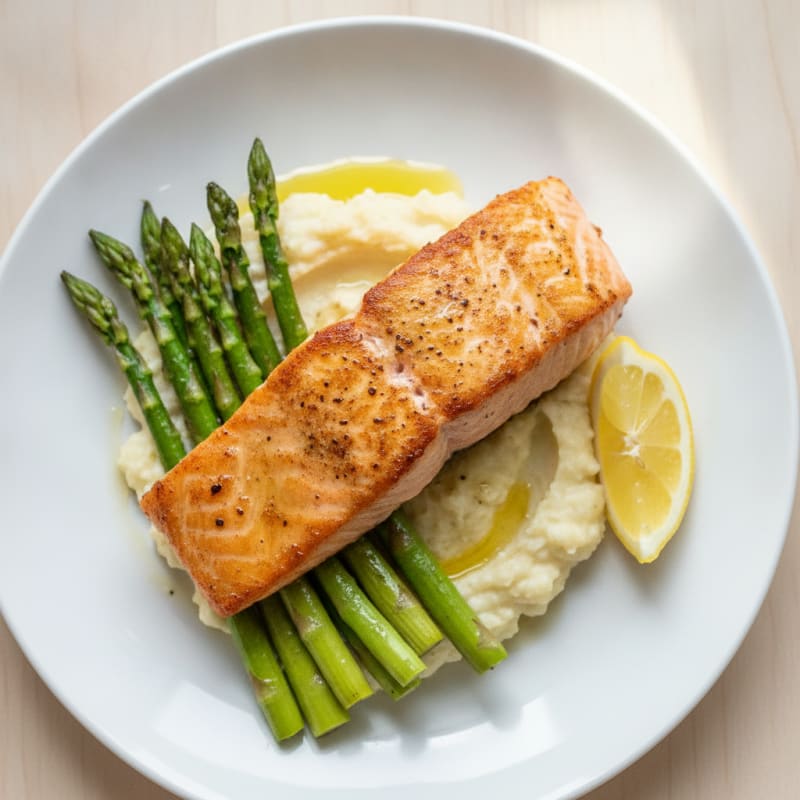 Seared Salmon Fillet with Roasted Asparagus and Cauliflower Mash