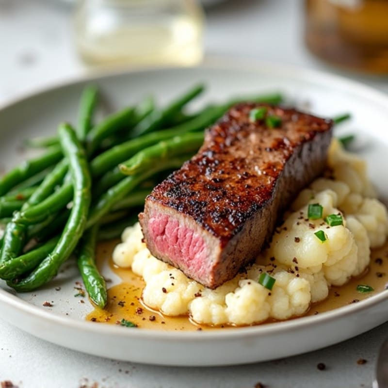 Seared Lean Beef with Garlic Green Beans and Mashed Cauliflower