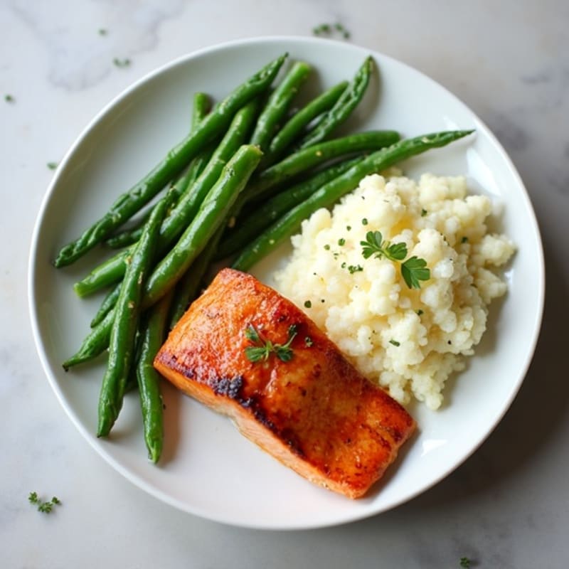 Seared Salmon with Steamed Green Beans and Garlic Mashed Cauliflower