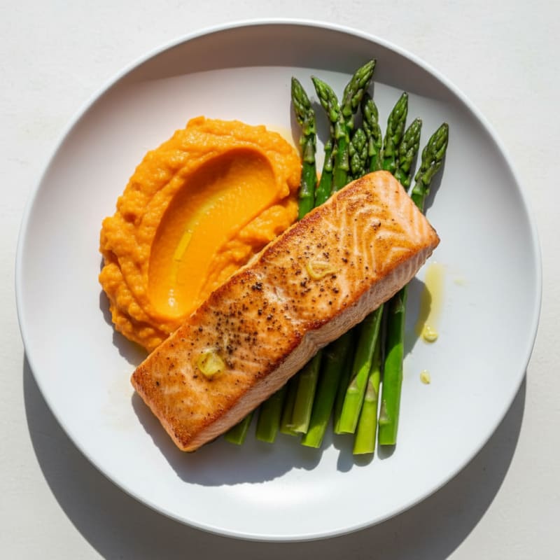 Seared Salmon Fillet with Steamed Asparagus and Sweet Potato Mash