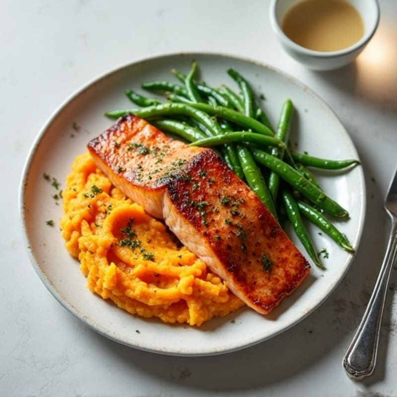 Seared Salmon with Garlic Green Beans and Sweet Potato Mash