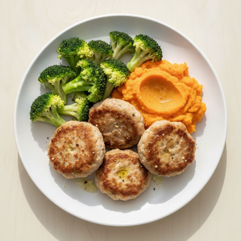 Seared Turkey Patties with Steamed Broccoli and Sweet Potato Mash