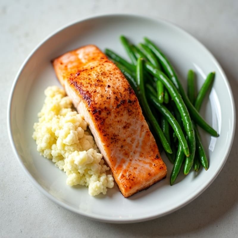 Seared Salmon Fillet with Garlic Green Beans and Mashed Cauliflower