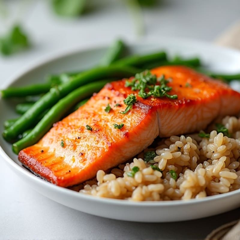 Seared Salmon with Garlic Green Beans and Brown Rice