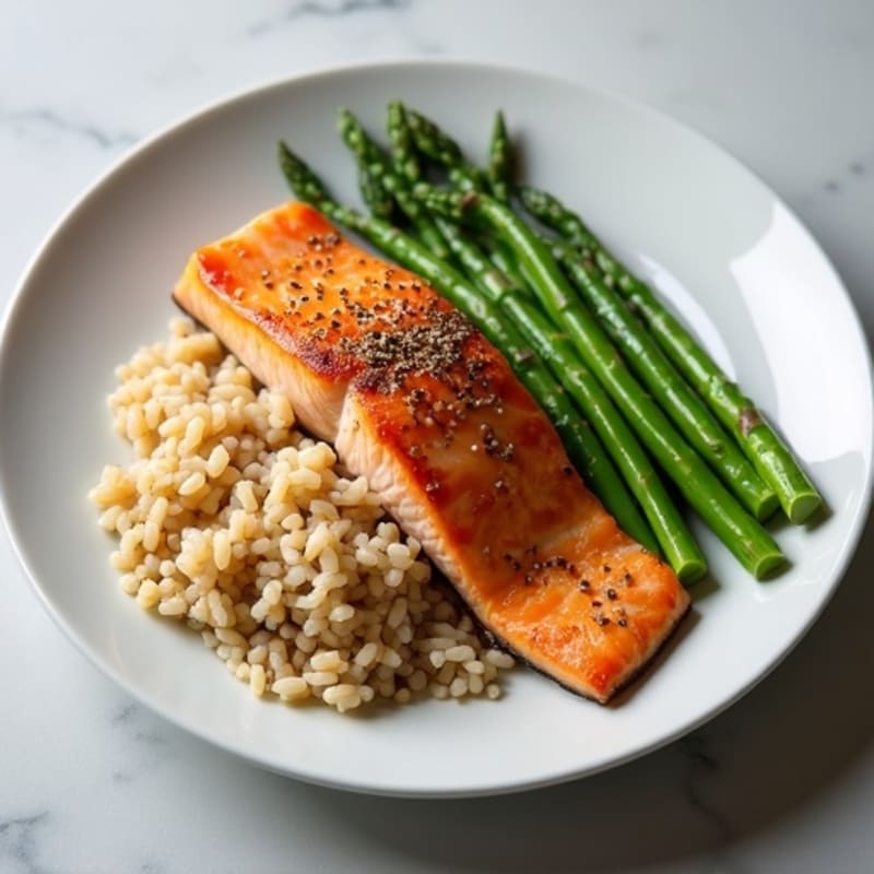 Seared Salmon Fillet with Steamed Asparagus and Brown Rice