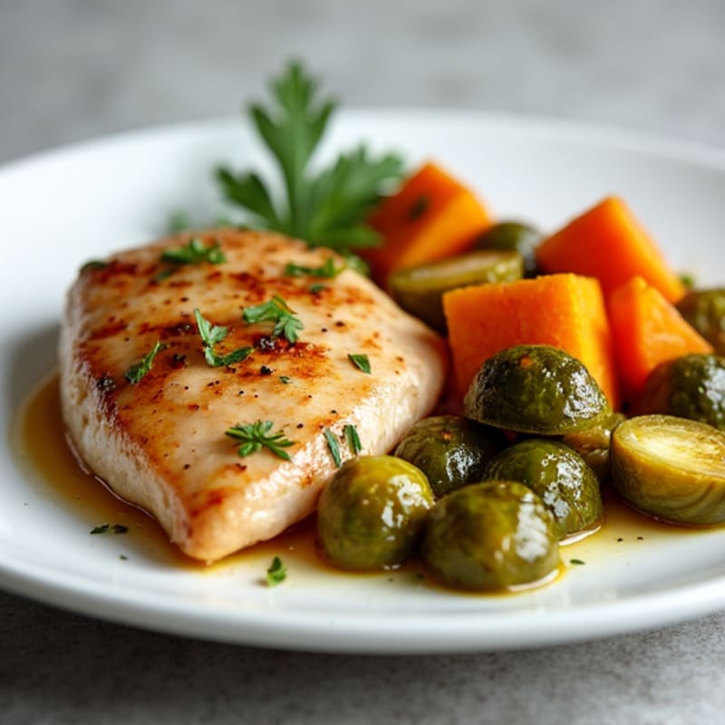 Seared Chicken Breast with Roasted Brussels Sprouts and Sweet Potato