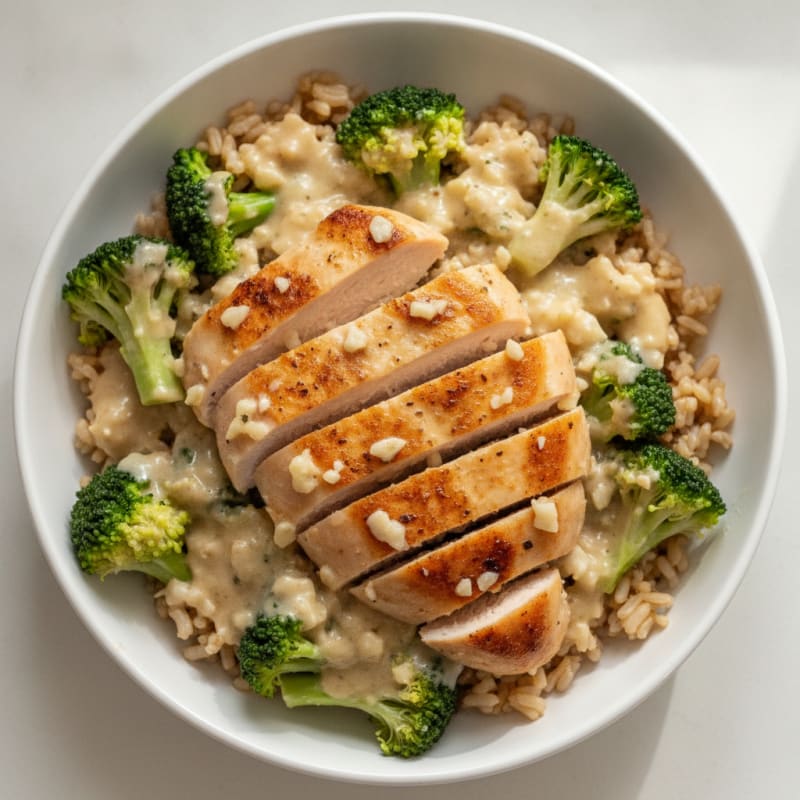 Creamy Chicken Alfredo with Steamed Broccoli and Brown Rice
