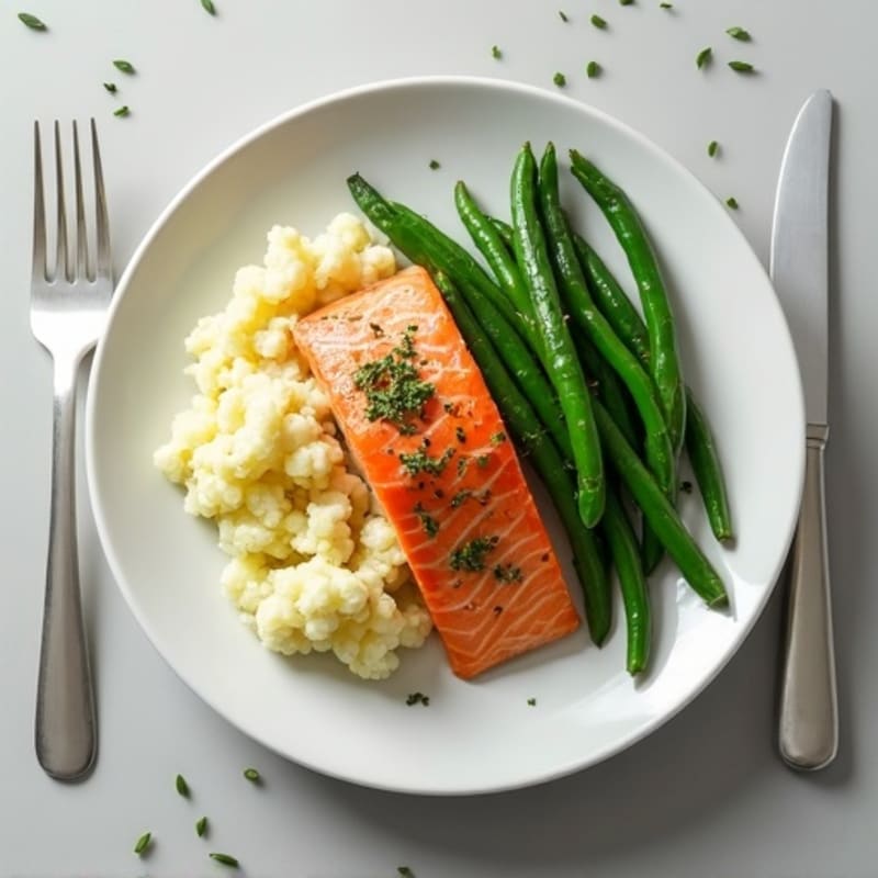 Baked Salmon with Steamed Green Beans and Garlic Mashed Cauliflower
