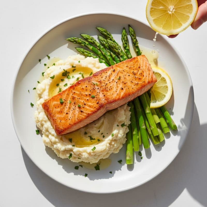 Seared Salmon with Steamed Asparagus and Garlic Mashed Cauliflower