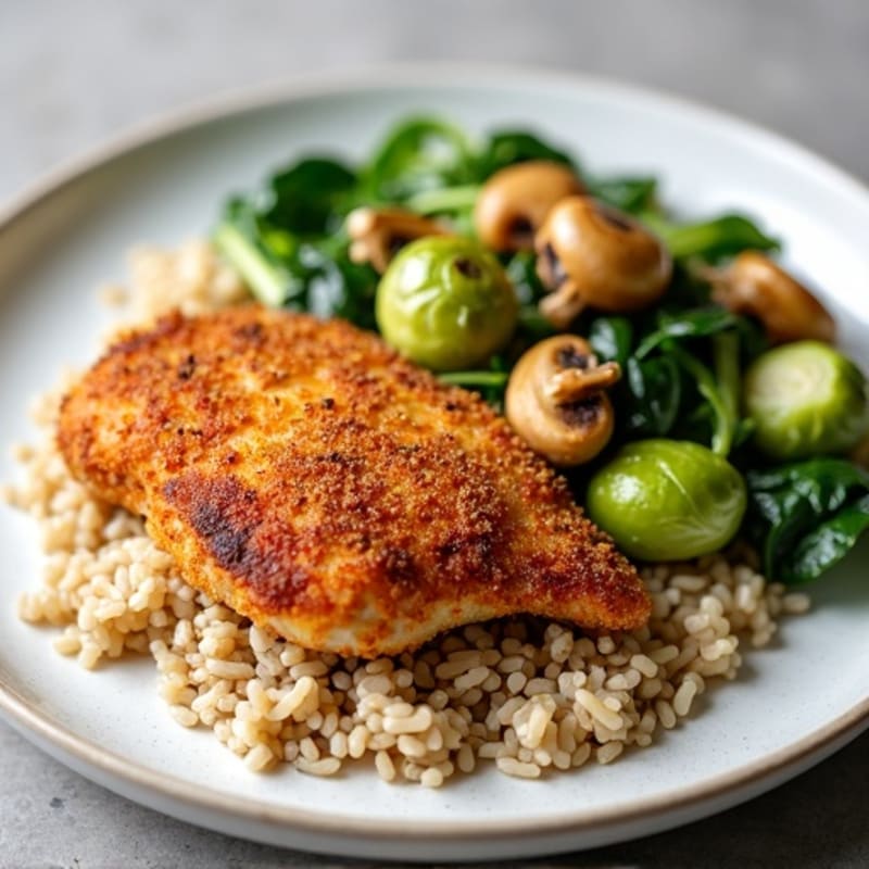 Crispy Chicken with Sautéed Bok Choy, Brussels Sprouts, and Enoki Mushrooms over Brown Rice