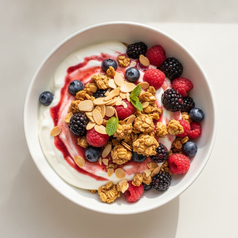 Greek Yogurt Parfait with Crunchy Almond Granola and Mixed Berries
