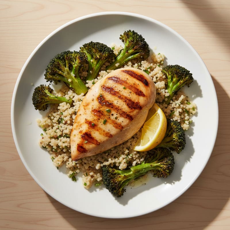 Grilled Chicken Breast with Quinoa and Roasted Broccoli