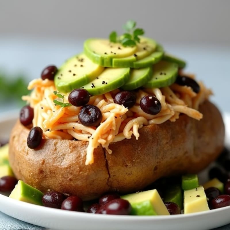 Hearty Baked Potato with Shredded Chicken, Black Beans, and Creamy Avocado Topping