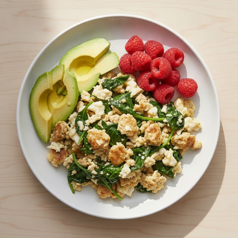 Egg White and Turkey Sausage Scramble with Sautéed Spinach