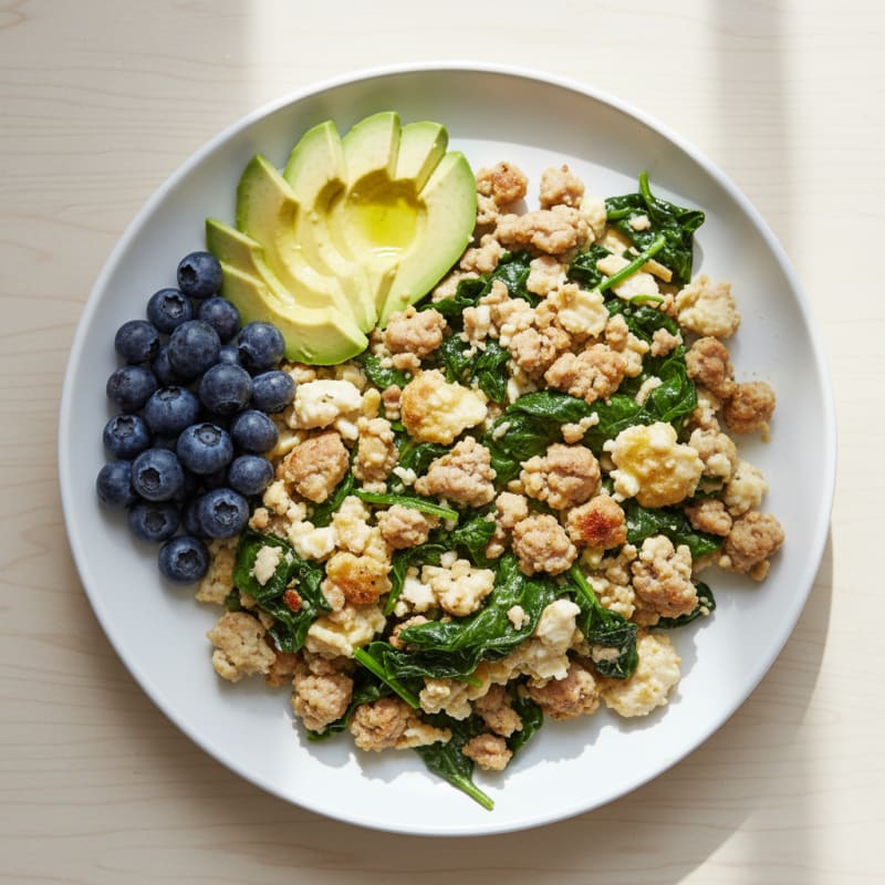 Egg White Scramble with Turkey Sausage and Sautéed Spinach