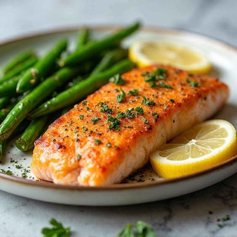 Crispy Lemon-Herb Air-Fried Salmon with Roasted Green Beans