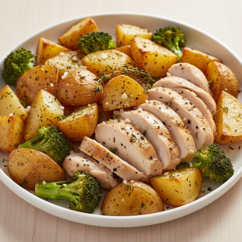 Crispy Roasted Garlic Herb Potatoes & Chicken