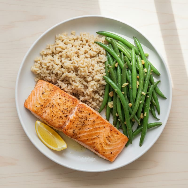 Seared Salmon with Garlic Green Beans and Brown Rice