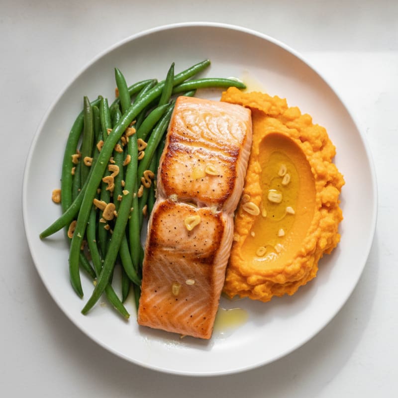 Seared Salmon with Garlic Green Beans and Sweet Potato Mash