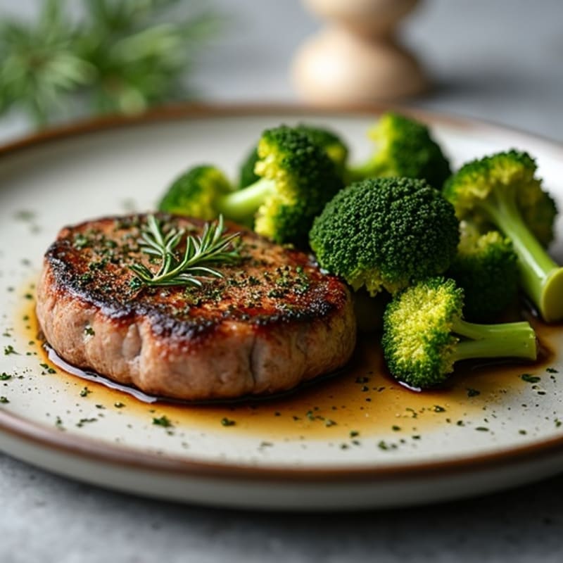 Herb-Crusted Pan Seared Steak with Garlic Roasted Broccoli