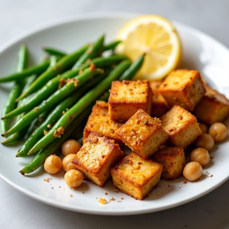 Crispy Baked Tofu with Sautéed Chickpeas and Garlic Green Beans