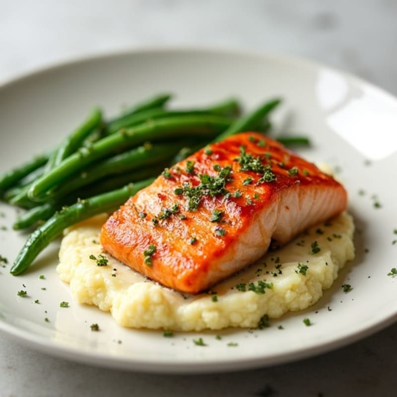 Seared Salmon with Garlic Green Beans and Cauliflower Mash
