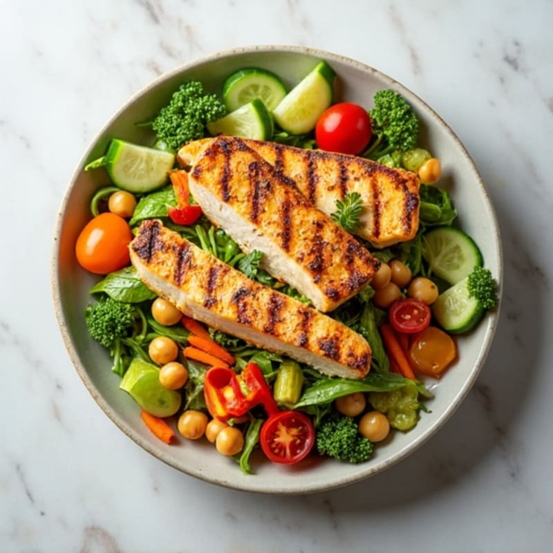 Grilled Chicken Breast Salad with Crunchy Vegetables and Chickpeas