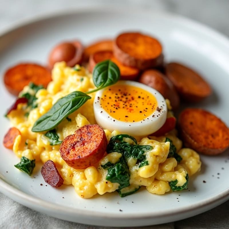 Hearty Egg and Vegetable Scramble with Roasted Sweet Potatoes