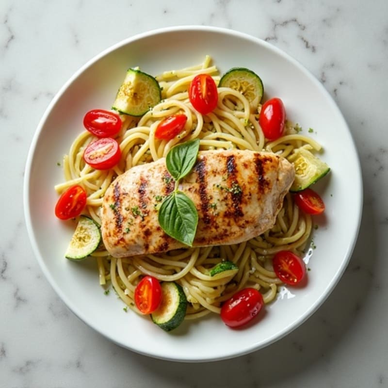Creamy Pesto Chicken Pasta with Roasted Veggies