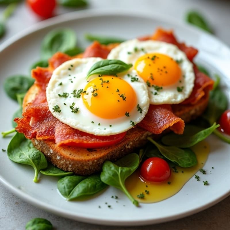 Fresh Garden Vegetable Sourdough Toast with Jammy Eggs and Turkey Bacon